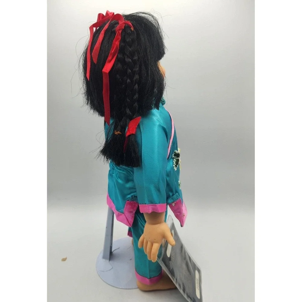 Vintage Chinese Ruby Doll Turquoise Satin Brocade Outfit Passport and Stand